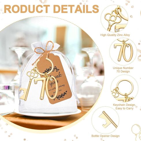24Pcs 70th Key Bottle Openers Keychain Bulk 70th Birthday Party Favors, 70th Gold Beer Key Chain Ring Bottle Opener 70 Wedding Anniversary Return Gifts Party Decorations or Souvenirs for Guests in Kuwait