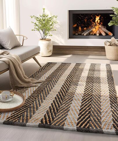 SUMGAR Jute Rug 3x5 Black and Beige Area Rug Modern Geometric Rugs for Living Room Bedroom Entryway, Textured Thick Neutral Throw Rug Handmade Carpet in Saudi Arabia