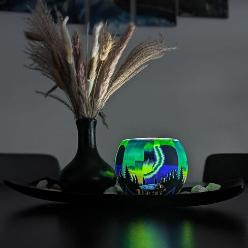 Benaya Handcrafted Glass Candle Holder - Northern Lights Design, Perfect for Wedding Table Decor, Centerpieces, and Tealight Candles Width: 4.33", Height: 3.93" in Saudi Arabia