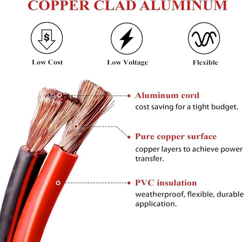 2 Gauge Battery Power Cable (12 Feet Black, 12 Feet Red) - 2 AWG Copper Clad Welding Wire with M8 & M10 SC Connector Lugs for Car, Camper, RV, Solar Low Voltage Wiring in Kuwait