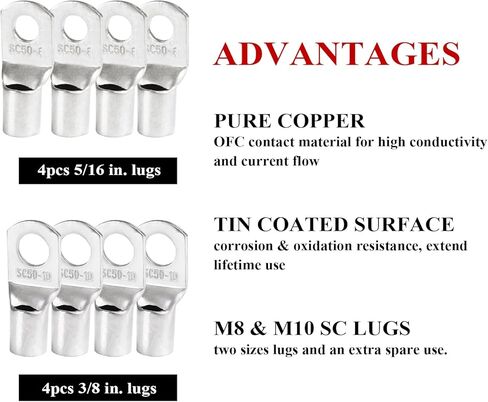 2 Gauge Battery Power Cable (12 Feet Black, 12 Feet Red) - 2 AWG Copper Clad Welding Wire with M8 & M10 SC Connector Lugs for Car, Camper, RV, Solar Low Voltage Wiring in Kuwait