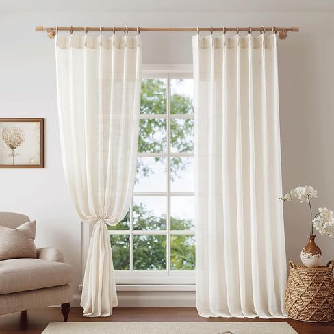 Metro Parlor Pinch Pleated Beige Linen Sheer Curtains 96 Inches Long 2 Panels for Living Room Bedroom Farmhouse Back Tab Light Filtering Semi Sheer Privacy Window Treatment Drapes with Hooks,52x96 in Kuwait