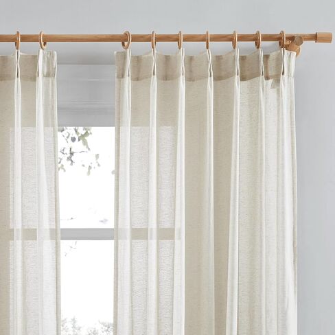 Metro Parlor Pinch Pleated Beige Linen Sheer Curtains 96 Inches Long 2 Panels for Living Room Bedroom Farmhouse Back Tab Light Filtering Semi Sheer Privacy Window Treatment Drapes with Hooks,52x96 in Kuwait
