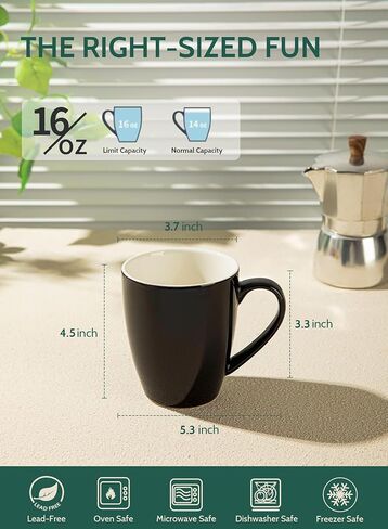 Sweese Porcelain Coffee Mugs - 16 Ounce (Top to the Rim) for Coffee, Latte, Tea, Cocoa, Set of 4, Black in Kuwait