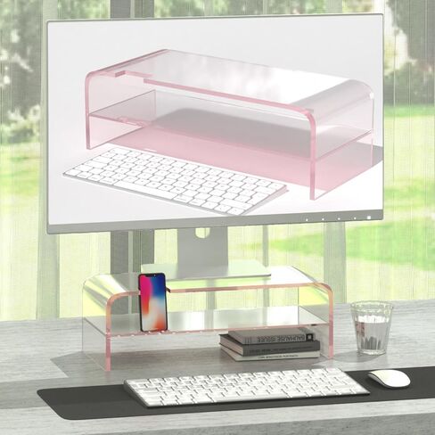 2 Tier Pink Acrylic Monitor Stand, Premium Computer Riser, Crystal Pink Acrylic Laptop Stand Monitor Riser for PC Computer Stand /Laptop/Monitor in Kuwait