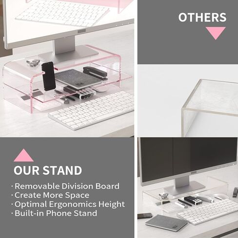 2 Tier Pink Acrylic Monitor Stand, Premium Computer Riser, Crystal Pink Acrylic Laptop Stand Monitor Riser for PC Computer Stand /Laptop/Monitor in Kuwait