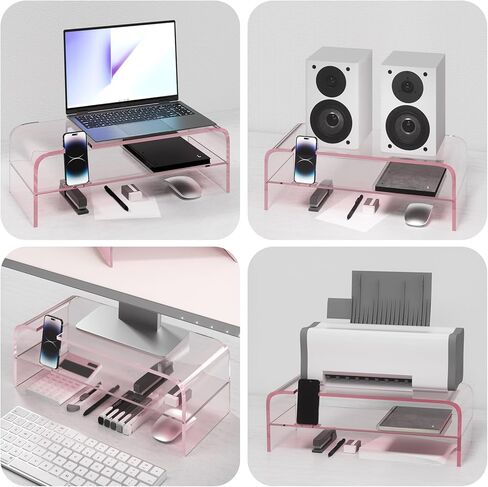 2 Tier Pink Acrylic Monitor Stand, Premium Computer Riser, Crystal Pink Acrylic Laptop Stand Monitor Riser for PC Computer Stand /Laptop/Monitor in Kuwait
