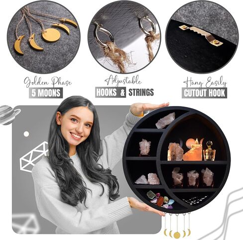 Crescent Moon Shelf for Crystals | Crystal Shelf Display for Wall, Essential Oils & Moon Wall Decor | Moon Phase Wall Hanging Witchy Decor for Bedroom | Paulownia wood | Black in Saudi Arabia