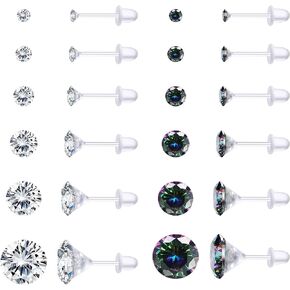 LOLIAS 12Pairs Clear Earrings Plastic Post Stud Earrings for Women Plastic Earrings for Sensitive Ears Clear Piercing Retainer for Sport Work Crystal Stud Earrings Pack