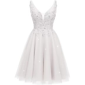 V Neck Tulle Short Prom Dresses Lace Applique Homecoming Dress Sparkly Sequin Cocktail Mini Dress