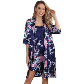 Women's Floral Satin Kimono Robe and Nightgown Set with Camisole 2 Piece Sleepwear Peacock Bathrobe