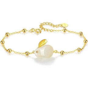 Natural White Jade Rabbit Bunny Bracelet/Fine Jewelry Bracelet/S925 Sterling Silver Chain