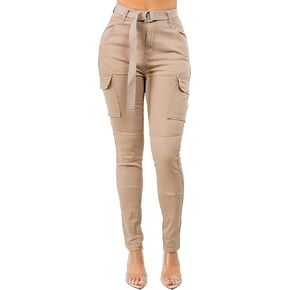 بنطلون جينز نسائي من TwiinSisters عالي الخصر وجيوب نحيفة من القطن مع حزام قابل للتعديل للنساء in Kuwait