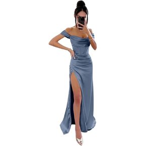htys Off Shoulder Mermaid Prom Dress with Slit Long Satin Bridesmaid Dresses Corset Formal Party Gowns HS009