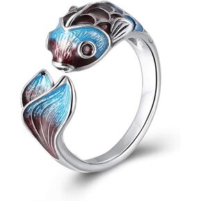 لوف كوم خاتم بتصميم سمكة من الفضة الاسترلينية عيار 925 للنساء والفتيات، خواتم زفاف مطلية بالمينا باللون الازرق، خواتم مفتوحة بتصميم مصوغة بطريقة اصلية، هدايا مجوهرات حرفية in Kuwait