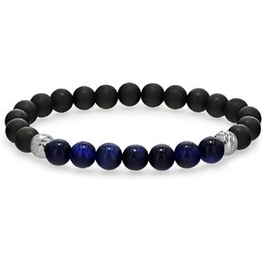 Spartan Mens Beaded Bracelet with Matte Black Agate & Various Accent Gems | 925 Sterling Silver Connector Beads | 8mm Beads Elastic