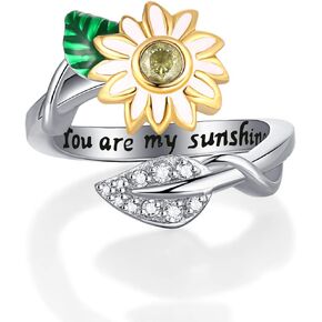 Hewayiu You are My Sunshine Sunflower Enameled CZ Heart Stainless Steel Ring Promise Eternity Band Cocktail Party Rings Adjustable Size 5-10