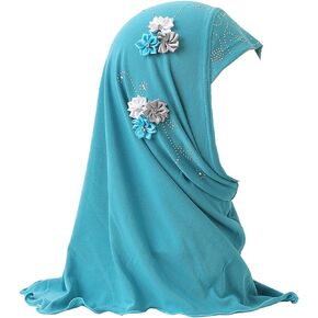Muslim Hijab with Lace Applique Flower Rhinestones Islamic Prayer Turban Head Wrap Scarf Shawls for Little Girls Age 2-7Y