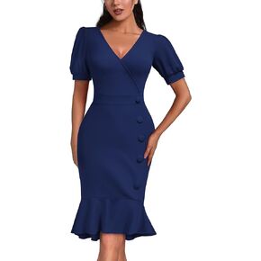 AISIZE Women's Vintage V-Neck Ruffle Hem Cocktail Bodycon Dress