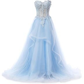 Women's Blue Lace Symmetrical Peplum Long Prom Dress