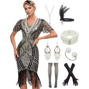 YACHARM Women's 1920s Gatsby Fringe Vintage Sequin Art Deco Cocktail Flapper Dress with Sleeves 20s Accessories Set