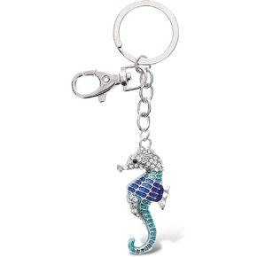 Aqua79 Blue Seahorse Keychain - Silver 3D Sparkling Charm Rhinestones Fashionable Stylish Metal Alloy Durable Key Ring Bling Crystal Jewelry Accessory With Clasp