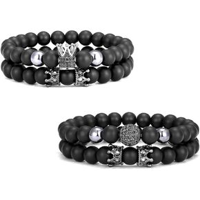 Fuqimanman2020 4Pcs 8mm Crown Charm Beads Bracelet for Men Women Natural Black Matte Onyx Stone Bracelet Elastic Adjustable Bracelet