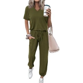 MASCOMODA Womens 2 Piece Outfits Summer Casual V Neck Short Sleeve Tops Long Pants Tracksuit Lounge Jogger Set with Pockets