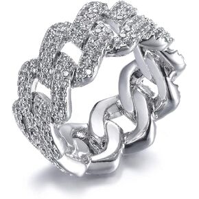 Apzzic 13mm Cuban Link Ring Bling Iced Out 2 Row CZ Diamond Hip Hop Engagement Band Ring for Women Men