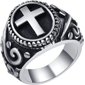 NMQLX Men's Ring, Vintage Cross Ring, Stainless Steel Punk Ring