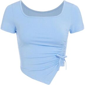 COZYEASE Girl's Short Sleeve T Shirt Square Neck Asymmetrical Crop Tops Drawstring Ruched Cute Summer Tee Tops