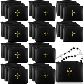 30 Pcs Rosary Pouch with Zipper Catholic Rosary Case 4 x 3 Inches PU Leather Rosary Holder with Gold Cross Imprint, Black