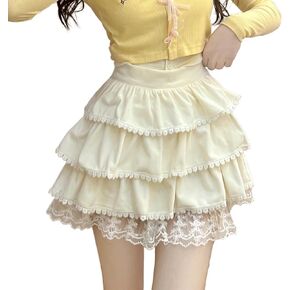 RILGOU Harajuku Gothic Lolita Kawaii Fashion Casual Style Elastic Waisted Soft Vintage Lace Trim Layered Tiered Skirt