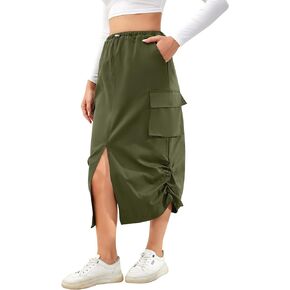 SENFURE Women Y2k Cargo Skirt - High Waist Front Split Casual Long Maxi Skirt with Pockets