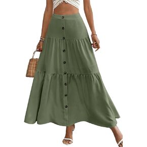 Vrtige Women's Casual Elastic High Waist Button Tiered Ruffle Hem Long Maxi Skirt