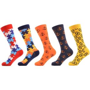 Qhome 5 pairs/lot Colorful Men's Classical Funny Combed Cotton Socks Puzzle Yellow Dot Casual Crew Socks