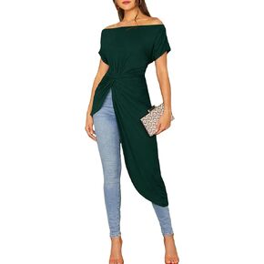 GORGLITTER Women's Off Shoulder Twist Front Top High Low Hem Short Sleeve Asymmetrical Tee
