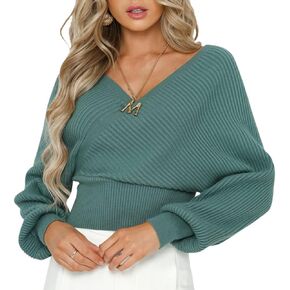 ZAFUL Women's Wrap V Neck Knit Cropped Sweater Lantern Long Sleeve Sexy Cross Ribbed Drop Shoulder Pullover Tops