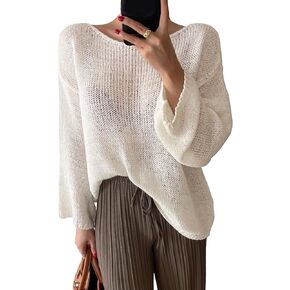 COZYEASE Women's Lightweight Sweater Long Sleeve Sheer Mesh Crewneck Drop Shoulder Pullover Sweater Tops