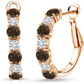 Gem Stone King 18K Rose Gold Plated Silver Brown Smoky Quartz and White Lab Grown Diamond Hoop Earrings For Women (2.68 Cttw, Gemstone Birthstone, Round 4MM and 3MM)