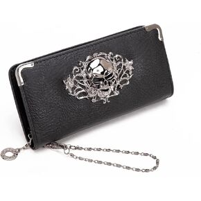 Ecohaso Skull Wallets for Women, Zip Around Goth Wallet Large Capacity Long Purse Credit Card Clutch Wristlet for Women (A-Black)