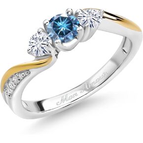 Gem Stone King 925 Sterling Silver and 10K Yellow Gold Customized and Personalized 4MM and 3MM Round Gemstone Birthstone and White Lab Grown Diamond 3 Stone Engagement Ring For Women