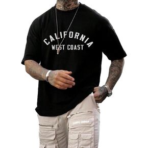 GORGLITTER Men's Letter Graphic Drop Shoulder T-Shirt Short Sleeve Mock Neck Tees