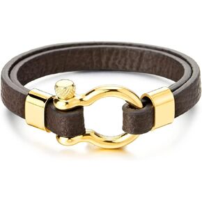 COOLSTEELANDBEYOND Mens Womens Steel Gold Color Screw Anchor Shackles Two-row Leather Bracelet, Nautical Sailor