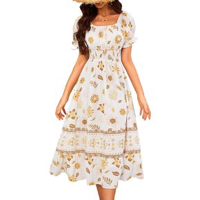 VIDUSSA Women's Boho Floral Midi Dress Summer Smocked Square Neck Short Sleeve Ruffle Hem Casual Long Sun Dresses