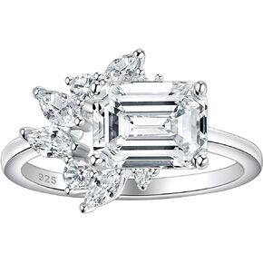 Wuziwen East To West Ring Emerald Cut Solitaire Ring Wedding Engagement Ring for Women 925 Sterling Silver CZ