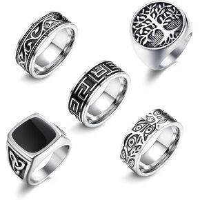 خواتم Sanfenly للرجال من الفولاذ المقاوم للصدأ اليوناني Signet Thumb Silver Retro Carving Celtic Band Rings Vintage Biker Band Rings Set Ring Size 9 in Kuwait