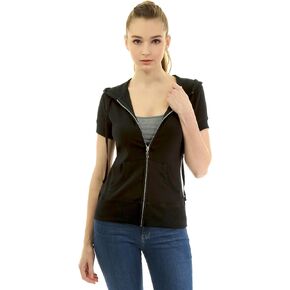 AmélieBoutik Women Cotton Blend Hoodie Zip Up Kangaroo Pocket Short Sleeve Jacket