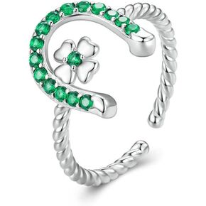 CZ Horseshoe 925 Sterling Silver Ring for Women Girls Love U Clover Flower Adjustable Twisted Open Band Finger Rings Comfort Fit Fashion Cute Green Crystal Jewelry Gift for Birthday Christmas St.
