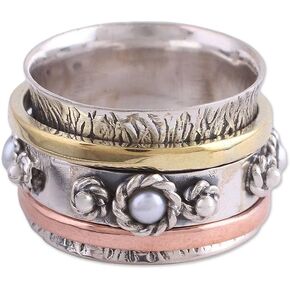 NOVICA Artisan Handmade Cultured Freshwater Pearl Meditation Spinner Ring .925 Sterling Silver with Brass Copper Metallic Tone White Band India Birthstone 'Spinning Blossom'